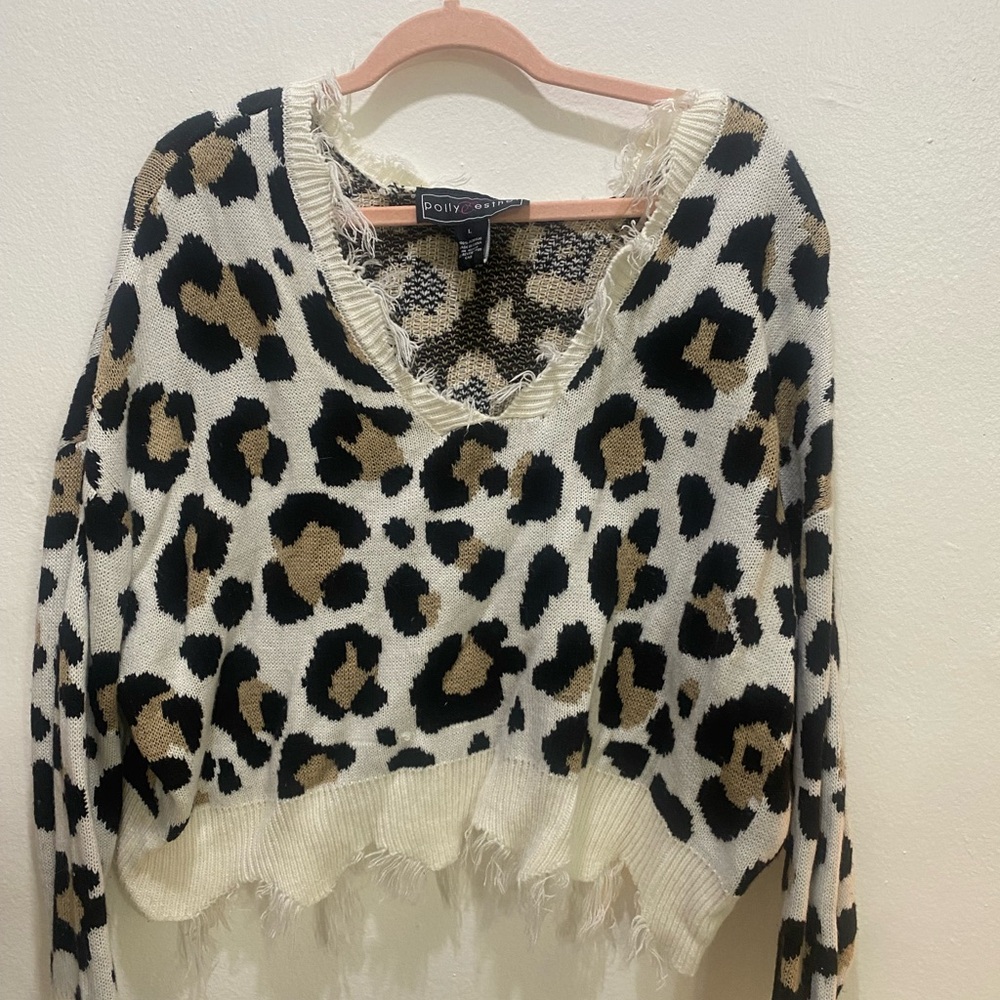 Polly & Esther V-Neck Leopard Sweater - Black, Brown, and Cream